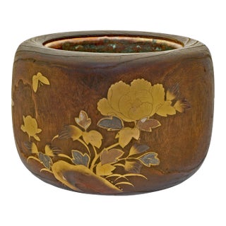 Antique Japanese Inlaid Wood Hibachi Brazier with Copper Liner Cachepot Meiji For Sale