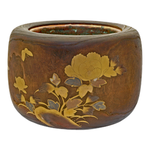 Antique Japanese Inlaid Wood Hibachi Brazier with Copper Liner Cachepot Meiji