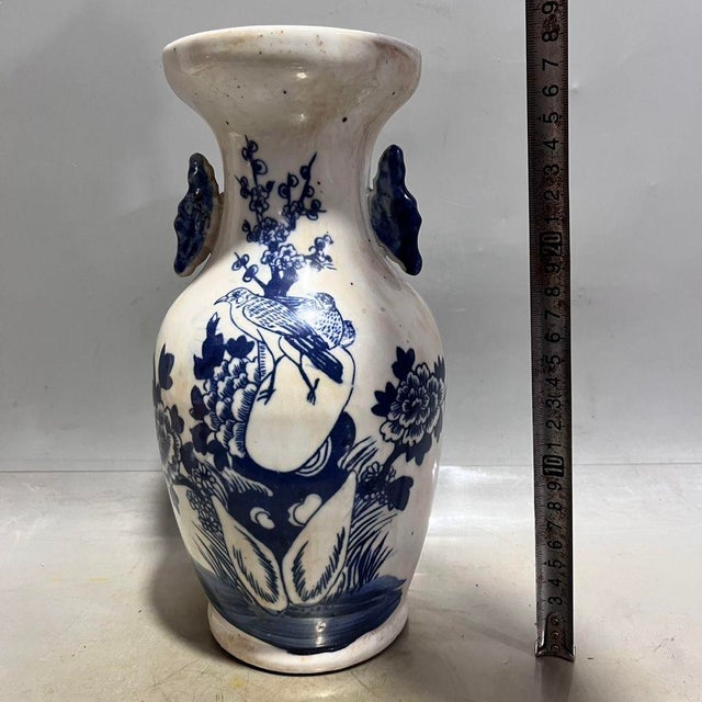 Ceramic Blue and White Floral Bird Vases With Handles | Chinoiserie Decor For Sale - Image 7 of 9