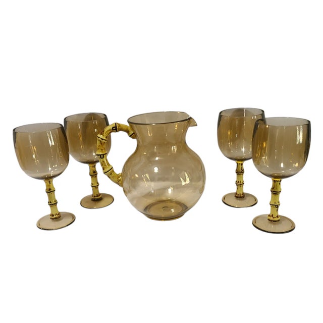 Vintage Amber Acrylic Tropical Tiki Bamboo Stem 4 Goblets & Pitcher Set- 5 Pieces For Sale - Image 4 of 10