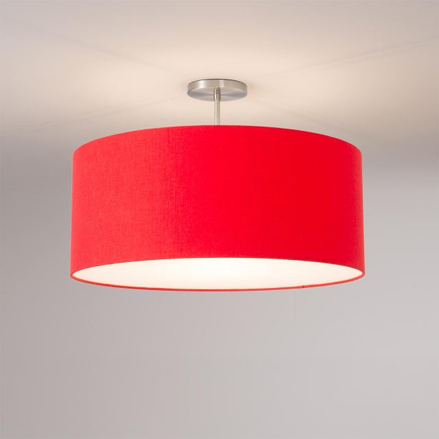 Mid-Century Modern Crimson Red Linen Drum Semi Flush Mount Red Fabric Shade Satin Nickel Mid Century Dining Room Ceiling Light For Sale - Image 3 of 4
