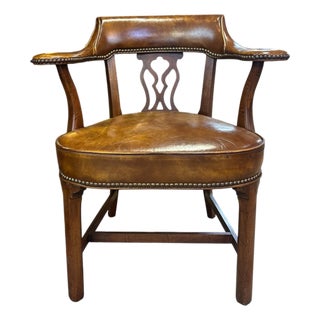 Traditional Genuine Leather Library Armchair With Nailhead Trim & Walnut Finish For Sale