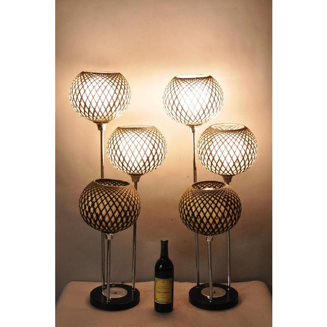 Mid-Century Modern Vintage Mid Century Modern Woven Spun Fiberglass Triple Shade Table Lamp - Pair For Sale - Image 3 of 18