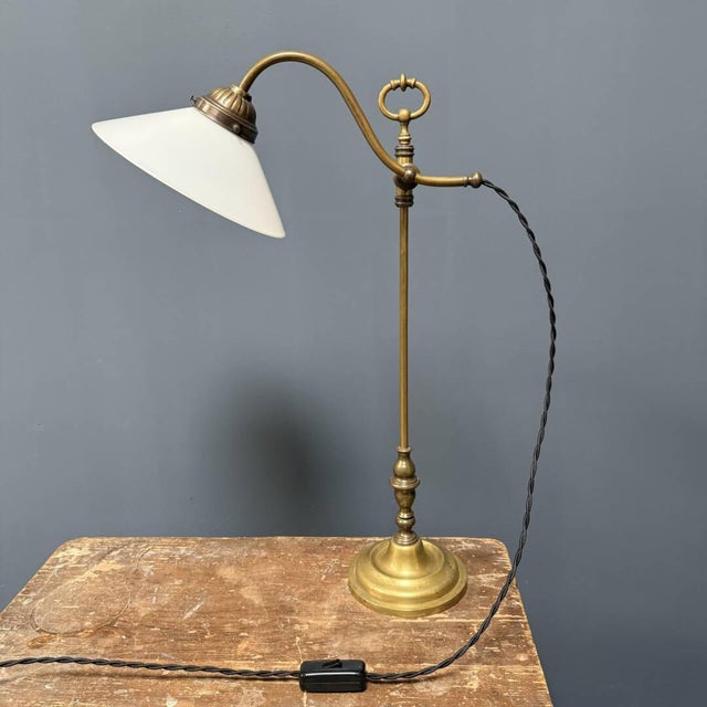 Adjustable Brass Table Lamp with Opaline Glass Shade For Sale - Image 14 of 15