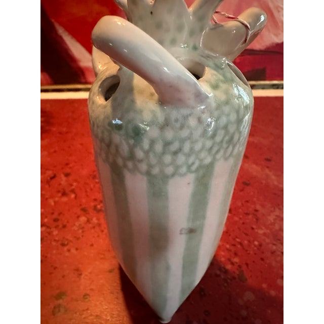 Handcrafted Striped Celadon Green Ceramic Vase For Sale - Image 4 of 5