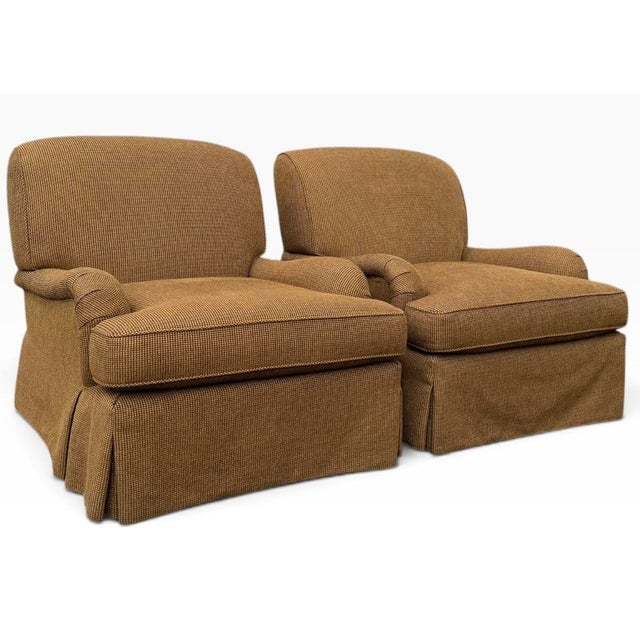Lee Industries English Roll Arm Skirted Lounge Chairs, Pair, upholstered in the original Garnet Lichen micro-check fabric....