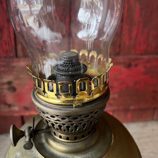 Brass 1900s Victorian Brass Oil Lamp With Ornate Base & Clear Glass Chimney For Sale - Image 8 of 12
