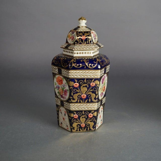 Royal Crown Derby Porcelain Pair of Antique Royal Crown Derby Porcelain Floral Decorated Lidded Urns C1890 For Sale - Image 4 of 9