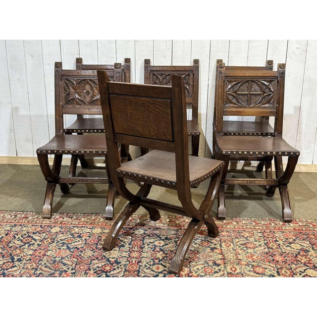 Chairs and Armchairs in Oak and Leather with Gothic Decoration, 1930s, Set of 8 For Sale - Image 13 of 18