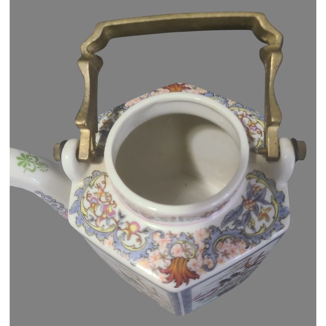 Pink Vintage Japanese Hand Painted Floral, Birds Teapot Brass Handle on Warmer Stand For Sale - Image 8 of 11