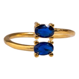 Double Sapphire Stone & Gold Dainty Adjustable Ring, Size 4 For Sale