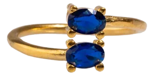 Double Sapphire Stone & Gold Dainty Adjustable Ring, Size 4