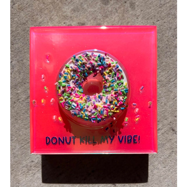 Contemporary Donut Kill My Vibe #10 by Ana Hefco | Mixed Media on Wood Colorful donut with sprinkles For Sale - Image 3 of 5