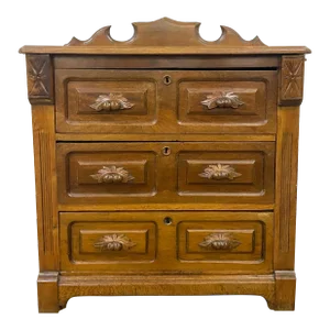 Antique Victorian Style Carved Oak Commode Washstand 3 Drawer Dresser