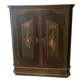 18th-Century Central European Hand-Painted Wedding Armoire — Folk Art Bauernschrank With Portrait Medallions For Sale