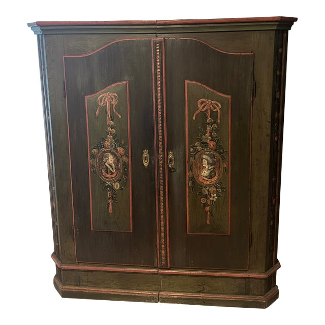 18th-Century Central European Hand-Painted Wedding Armoire — Folk Art Bauernschrank With Portrait Medallions For Sale