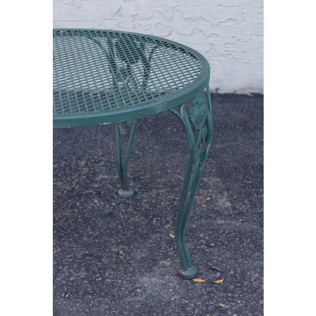 Metal Wrought Iron Outdoor Round Mesh Top Patio Table With Floral Motif For Sale - Image 7 of 17