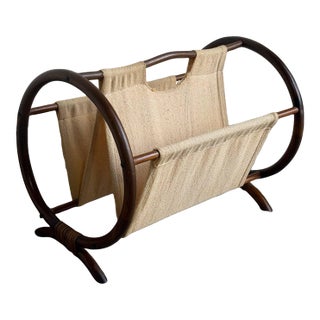 Beige Rattan Magazine Rack With Canvas Holder Mid-Century Modern 1970s For Sale