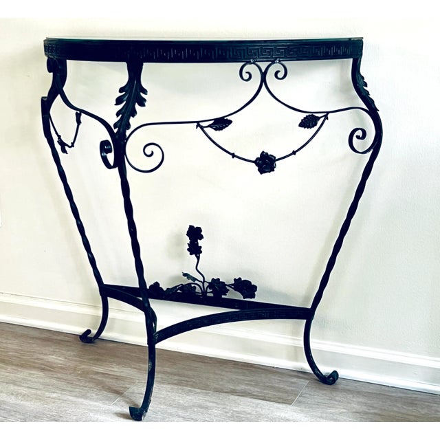 Antique C1920s Italian Wrought Iron Console Demilune Table With Glass Top For Sale - Image 4 of 10