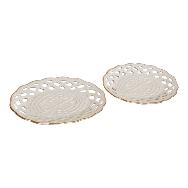 Lenox China Wicker Candy Servers Pair of 2 Porcelain Dishes 24k Gold Trim 4933b For Sale
