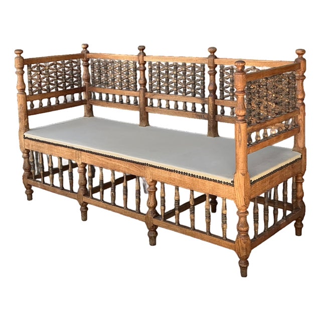 Vintage Carved Wood Spindle Bench For Sale