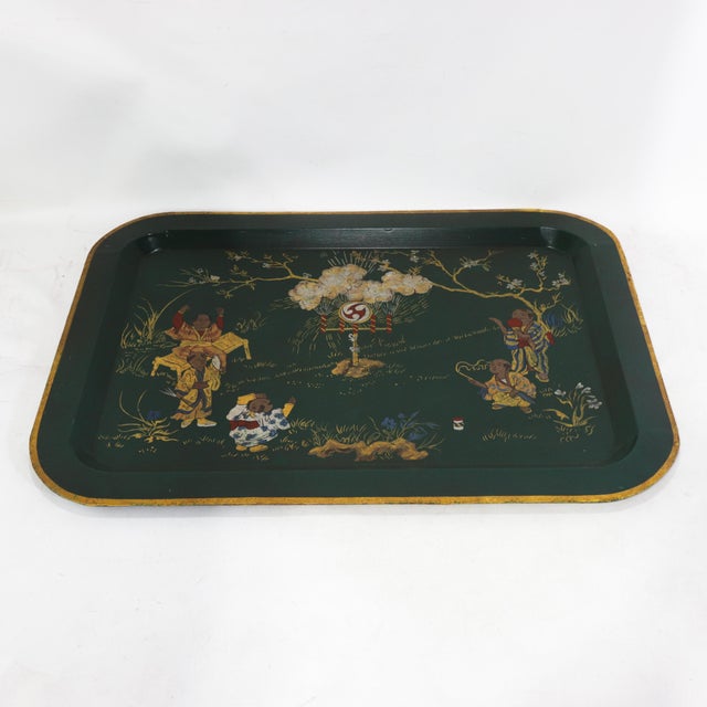 Vintage Dark Green Lacquer Rectangular Tray With Hand Painted Gold Asian Festival Scene and Chinoiserie Style For Sale In New York - Image 6 of 14