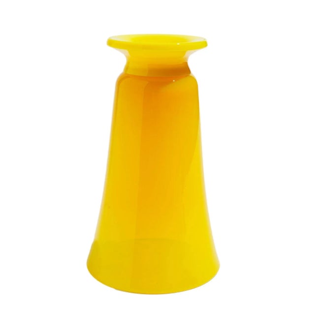 American Vintage Cadmium Yellow Opaline Blown Glass Footed Vase For Sale - Image 3 of 5