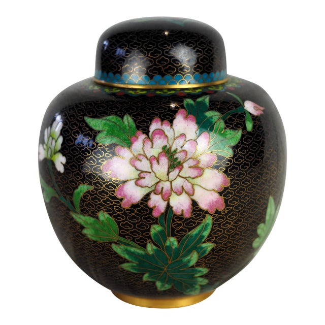 Mid-Century Chinese Black Floral Cloisonne Ginger Jar For Sale