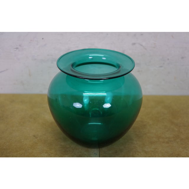 Glass Vintage Hand Blown Teal Green Glass Vase Urn Leech Bowl 6" For Sale - Image 7 of 12
