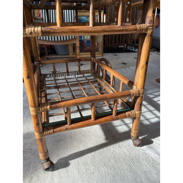 Vintage Bamboo Bar Cart With Glass Shelve & Removable Tray For Sale - Image 17 of 18