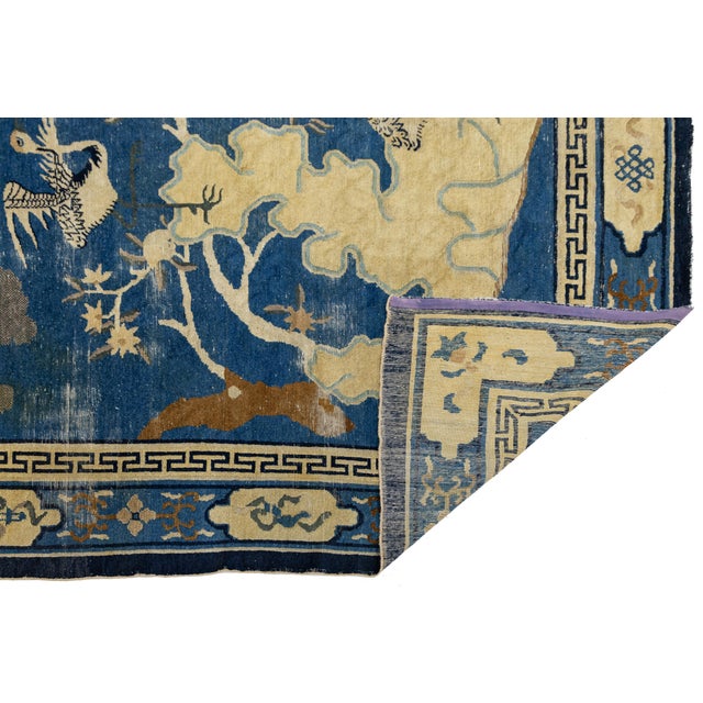 Art Deco Antique Chinese Peking Art Deco Wool Rug in Indigo Blue and Cream, Circa 1920s For Sale - Image 3 of 12