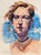 This watercolor portrait captures a figure with an expressive gaze, set against a vibrant wash of blue hues. The fluid...