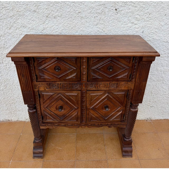 Early 20th Century Rare Spanish Carved Walnut Sideboard With Geometric Panels and Spiral Columns For Sale - Image 9 of 15