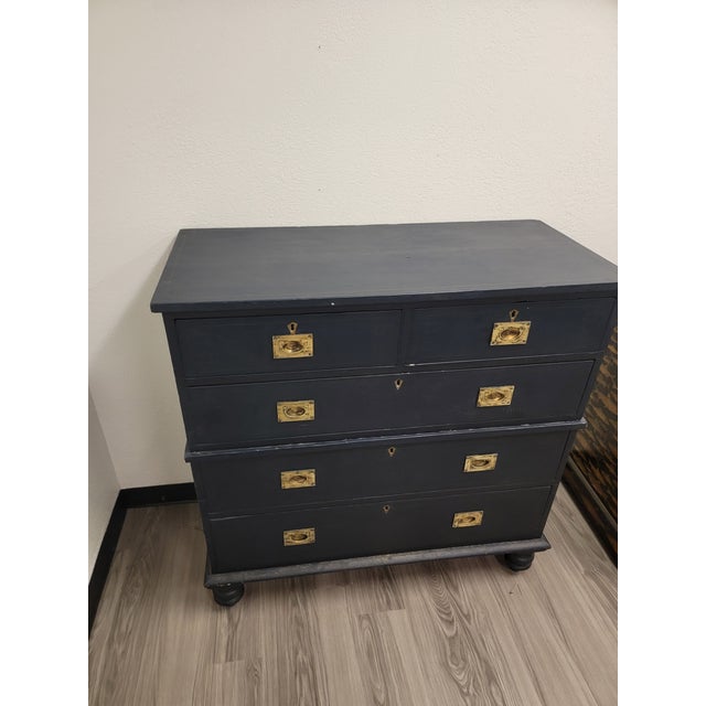 Painted Antique Campaign Two Over Three Chest of Drawers From England For Sale - Image 4 of 12