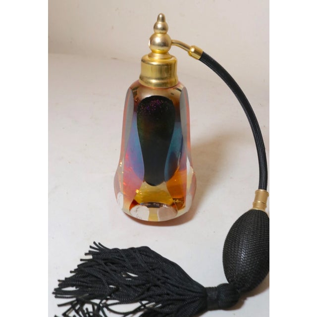 1990s Signed Hand Blown Studio Iridescent Art Glass Brass Perfume Bottle Atomizer Jar For Sale - Image 4 of 11
