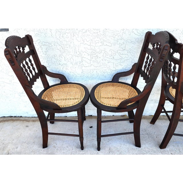 Antique Eastlake Victorian Style Walnut Cane Seat Side Dining Chairs Set of 4 For Sale - Image 12 of 13