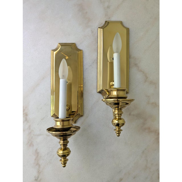 French Provincial Vintage Polished Brass Electric Candlestick Wall Sconces, a Pair For Sale - Image 3 of 7
