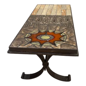 Céramique French Café Table 1960 Wrought Iron Base Vallauris