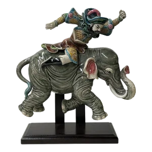 Chinese Vintage Color Ceramic Warrior Riding Elephant Figure Display Art