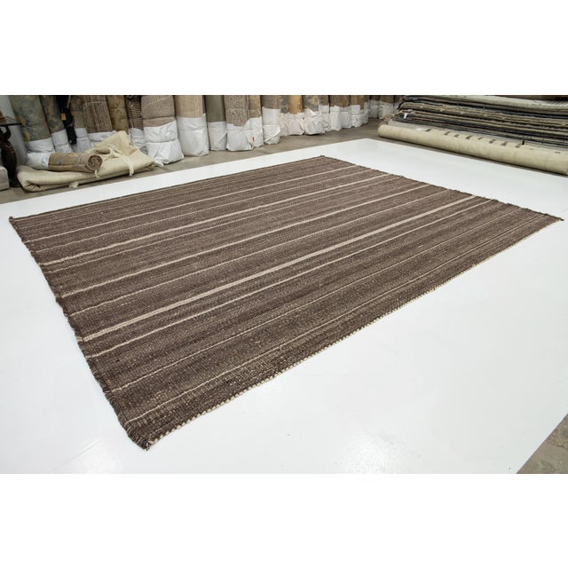 Contemporary Organic Modern Flatweave Brown Wool Rug With Striped Design For Sale - Image 3 of 11