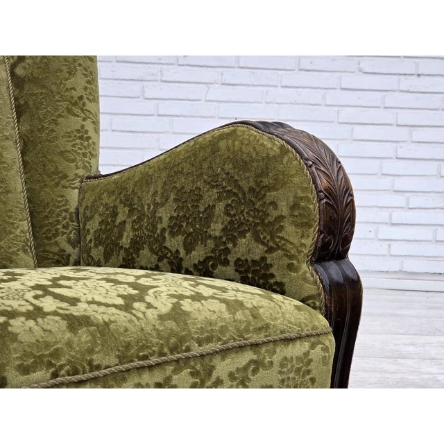 Green Vintage Danish Three-Seater Sofa in Furniture Velour and Carved Oak, 1950s For Sale - Image 8 of 18