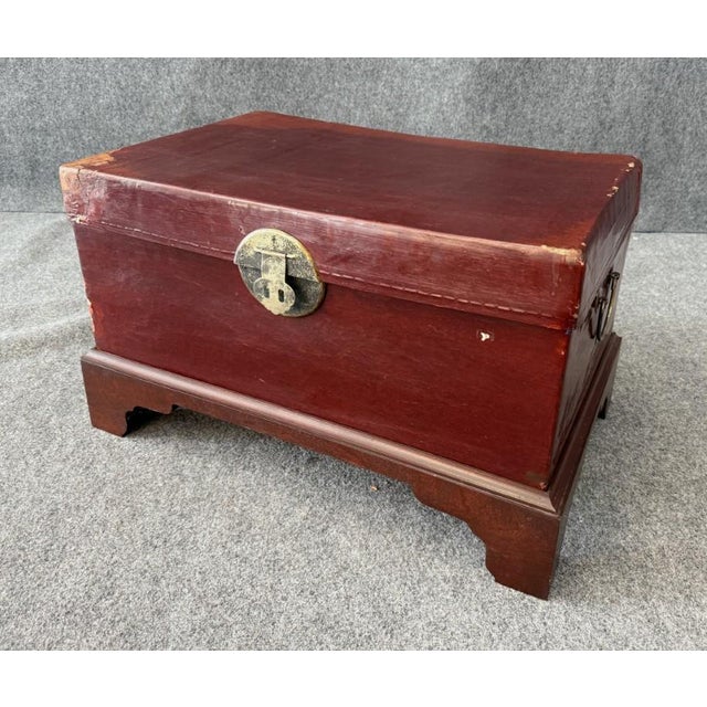Mid 20th Century Mid 20th Century Red Leather Trunk on Wooden Stand For Sale - Image 5 of 16