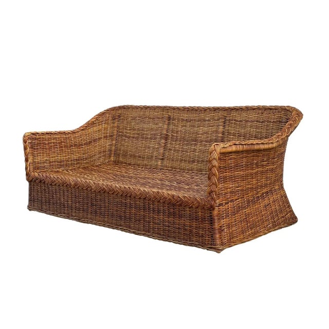 Coastal Vintage Rattan Sofa With Braided Wicker Trim For Sale