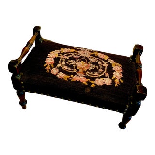 1940s Vintage Petit Point Wood Carved Footstool For Sale