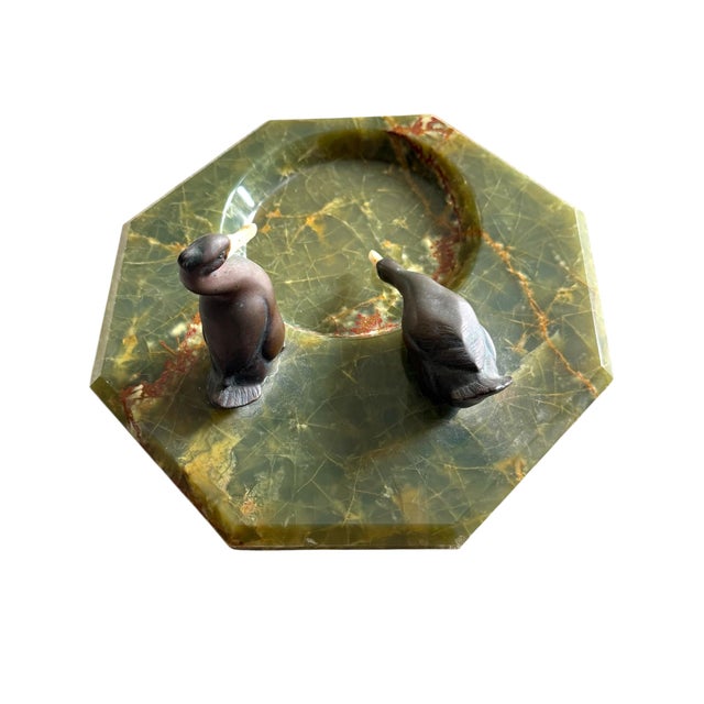Art Deco Art Deco Style Green Onyx & Bronze Duck Vide-Poche, Mid-Century European Catchall For Sale - Image 3 of 8
