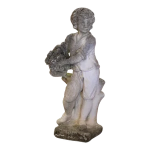 Early 20th Century French Stone Garden Statue of Young Boy Holding Grapes