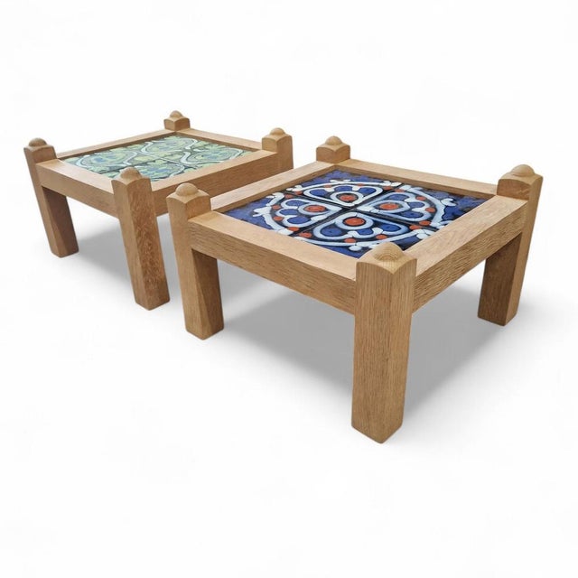 Pair of lovely light oak side tables by Guillerme and Chambron for “Votre Maison” publisher, the tops are decorated with...