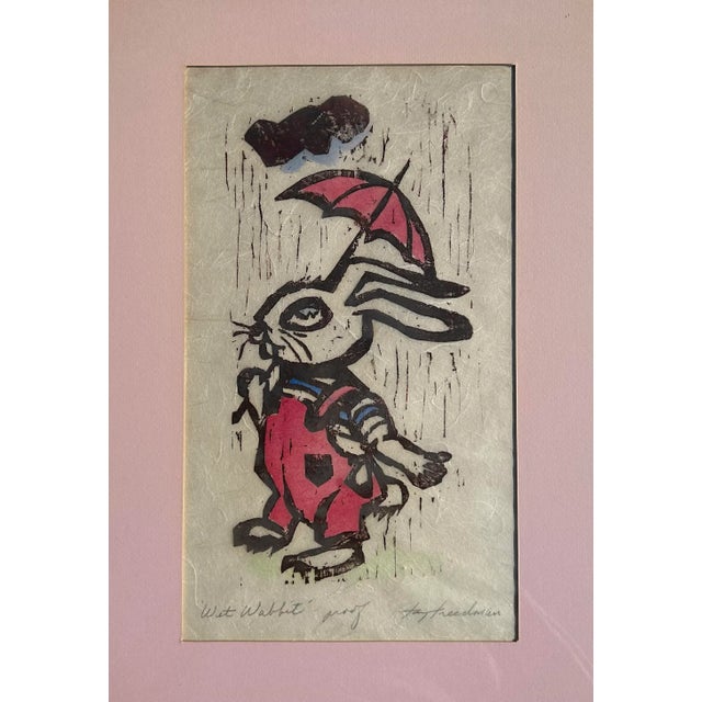 Children's Vintage Framed Woodcut Print of Bunny Rabbit in Rain For Sale - Image 3 of 6