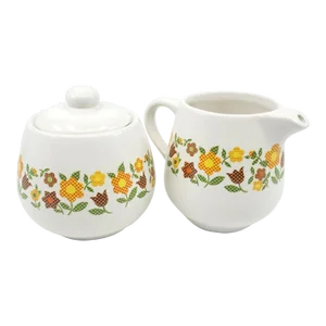 1960s McCoy Patchwork Daisy Flowers Cream and Sugar Set- 2 Pieces