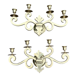 1970s French Fleur-De-Lis Pair of Wall Sconce Mounted Brass 4-Arm Candle Holders